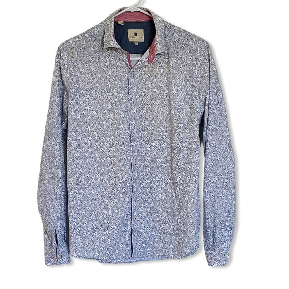 Steel & Jelly Men's M Blue Button Up Shirt Floral Pattern Preppy Business Casual